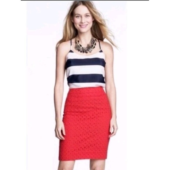 J. Crew No 2 Pencil Skirt Size 6 Rich Red Eyelet Floral Lace Stretch‎ Cotton - Picture 1 of 5
